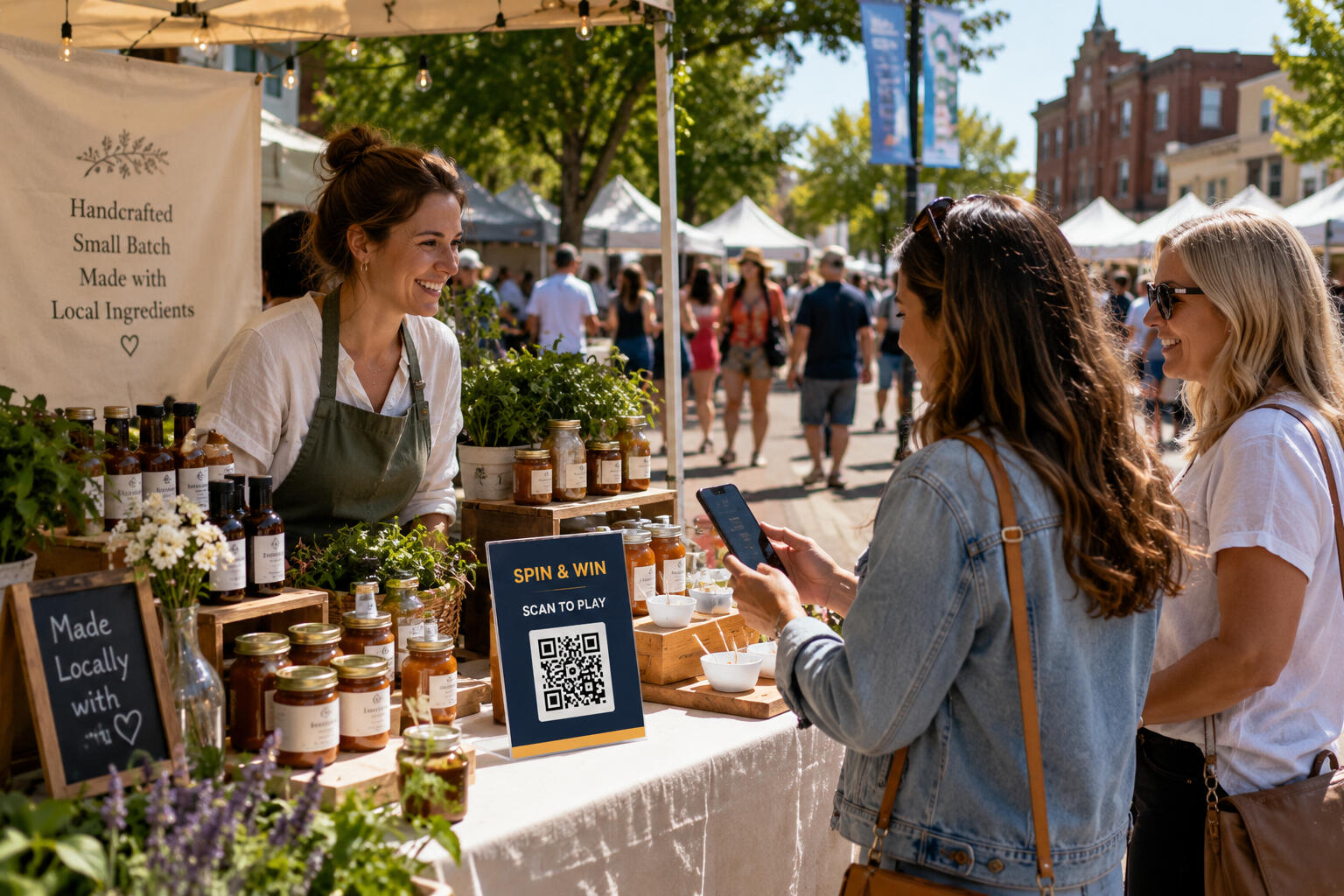 Festival vendor speaking with shoppers